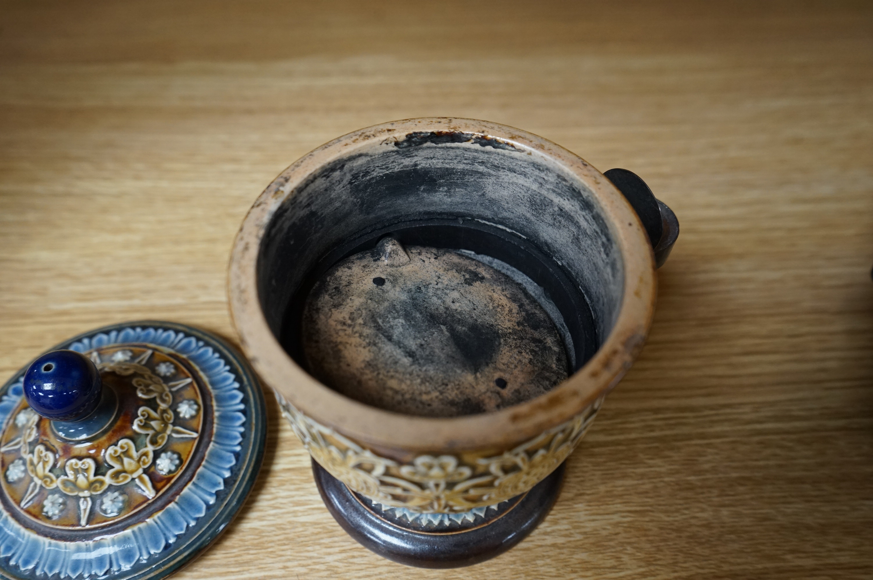 A Royal Doulton stoneware Isobath inkwell, Thos. De La Rue & Co, stamped to the base, 15cm high. Condition - good